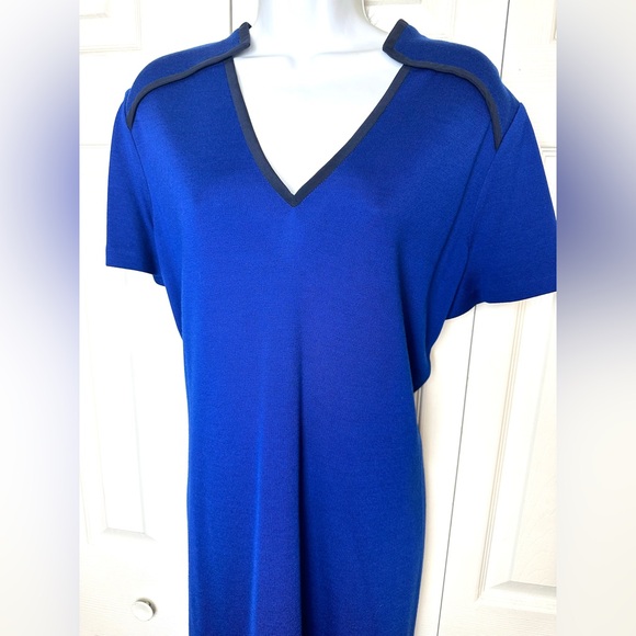 New ST. JOHN Cobalt Blue Dress Wool Shift Sheath Sweater Knit Navy Silk Trim - Picture 16 of 16